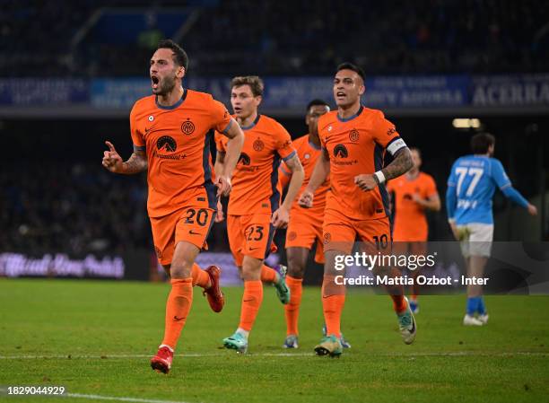 Hakan Calhanoglu of FC Internazionale celebrates after scoring the goal during the Serie A TIM match between SSC Napoli and FC Internazionale at...