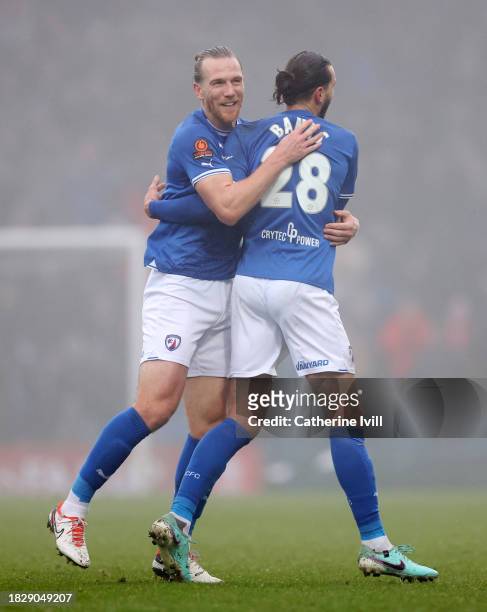 Jamie Grimes of Chesterfield celebrates the first goal with Ollie Banks during the Emirates FA Cup Second Round match between Chesterfield and Leyton...