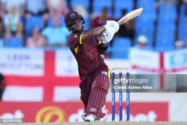 Shai Hope of West Indies bats during the 1st CG United One Day International match between West Indies and England at Sir Vivian Richards Stadium on...