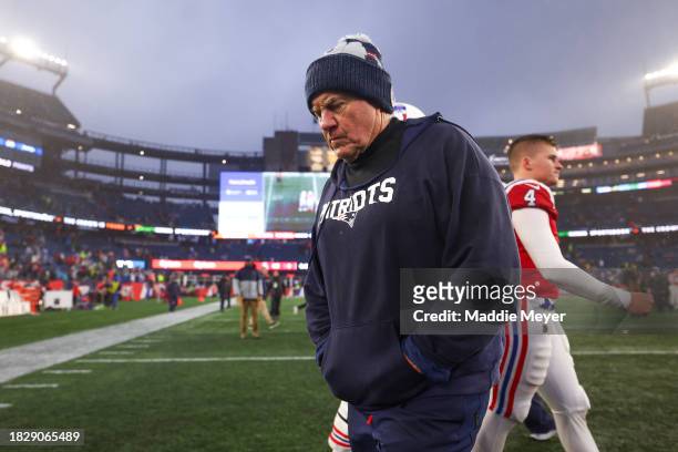 Head coach Bill Belichick of the New England Patriots walks off the field after losing to the Los Angeles Chargers 6-0 at Gillette Stadium on...