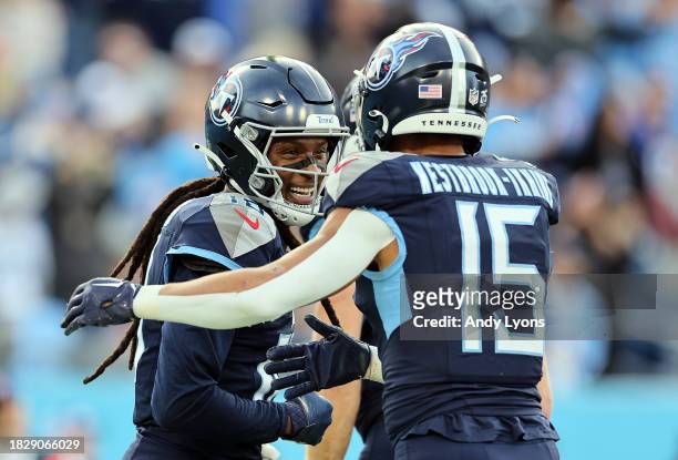 DeAndre Hopkins of the Tennessee Titans celebrates with teammate Nick Westbrook-Ikhine after scoring a touchdown against the Indianapolis Colts...