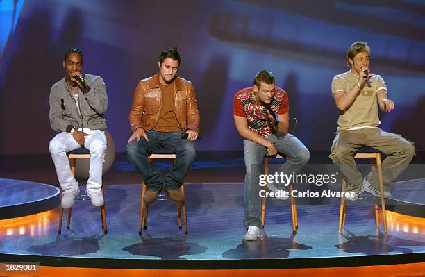 British pop group Blue performs on stage on the new Spanish television show "El programa de los lunes" at TVE Studios March 4, 2003 in Madrid.