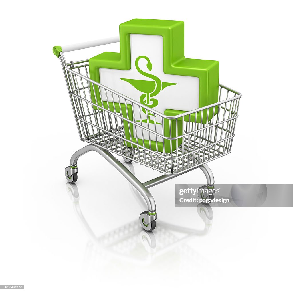 Farmacia símbolo en cesta de compras