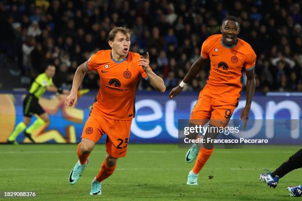 Nicolò Barella of FC Internazionale celebrates after scoring his side second goal during the Serie A TIM match between SSC Napoli and FC...