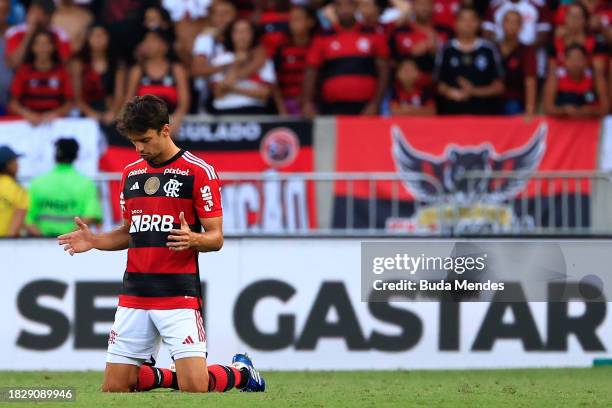 Rodrigo Caio of Flamengo reacts after winning the match between Flamengo and Cuiaba as part of Brasileirao 2023 at Maracana Stadium on December 03,...