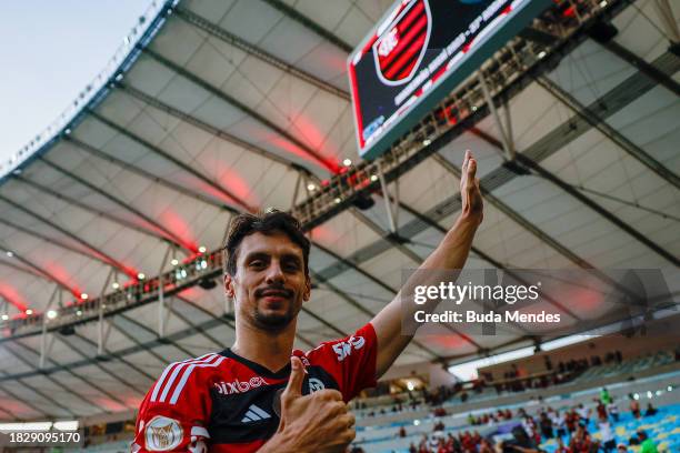 Rodrigo Caio of Flamengo reacts after winning the match between Flamengo and Cuiaba as part of Brasileirao 2023 at Maracana Stadium on December 03,...