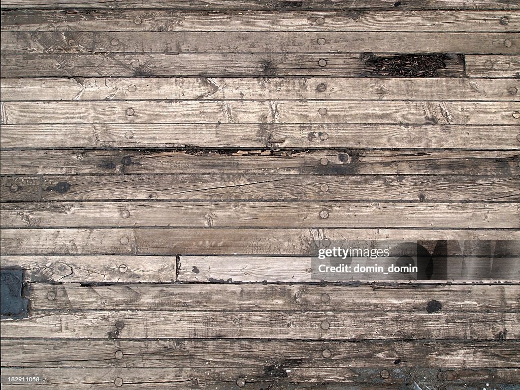 Old wooden floor of the sailing boat, with scratches, cracks