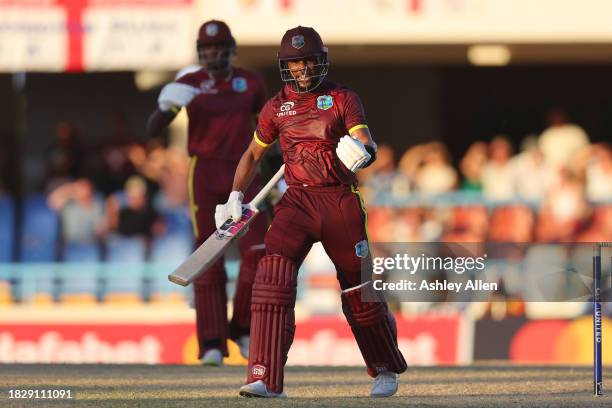 Shai Hope of West Indies celebrates hitting the winning runs during the 1st CG United One Day International match between West Indies and England at...