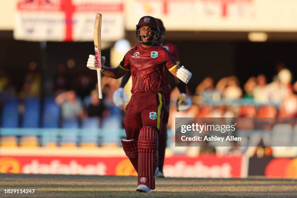 Shai Hope of West Indies celebrates hitting the winning runs during the 1st CG United One Day International match between West Indies and England at...