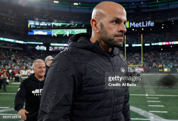 Head coach Robert Saleh of the New York Jets walks off the field after a loss to the Atlanta Falcons at MetLife Stadium on December 03, 2023 in East...