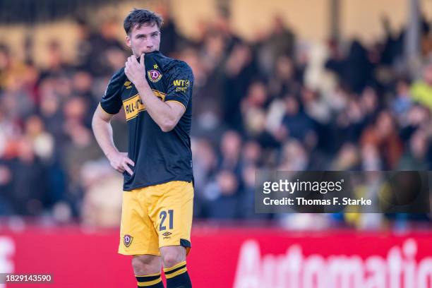 Robin Meissner of Dresden looks dejected after losing the 3. Liga match between SC Verl and Dynamo Dresden at SPORTCLUB Arena on December 03, 2023 in...