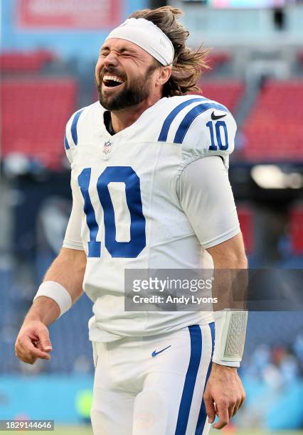 Gardner Minshew of the Indianapolis Colts reacts after defeating the Tennessee Titans in overtime at Nissan Stadium on December 03, 2023 in...
