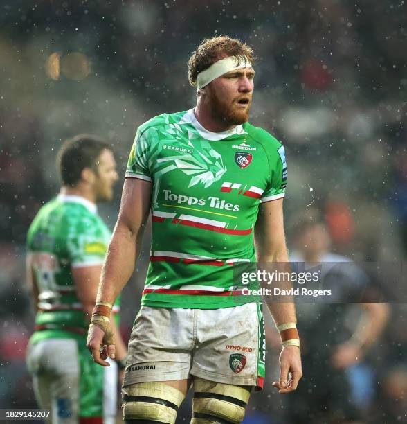 Ollie Chessum of Leicester Tigers looks on during the Gallagher Premiership Rugby match between Leicester Tigers and Newcastle Falcons at the...