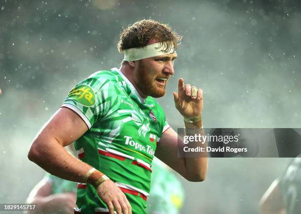 Ollie Chessum of Leicester Tigers looks on during the Gallagher Premiership Rugby match between Leicester Tigers and Newcastle Falcons at the...