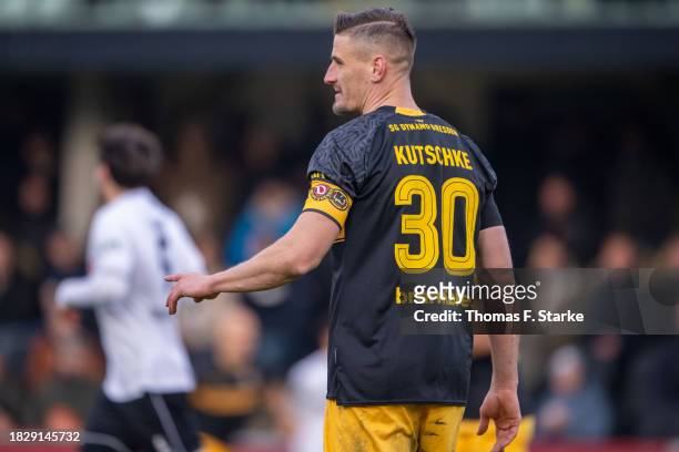 Stefan Kutschke of Dresden rects during the 3. Liga match between SC Verl and Dynamo Dresden at SPORTCLUB Arena on December 03, 2023 in Verl, Germany.