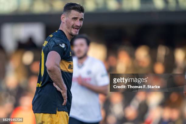 Stefan Kutschke of Dresden rects during the 3. Liga match between SC Verl and Dynamo Dresden at SPORTCLUB Arena on December 03, 2023 in Verl, Germany.