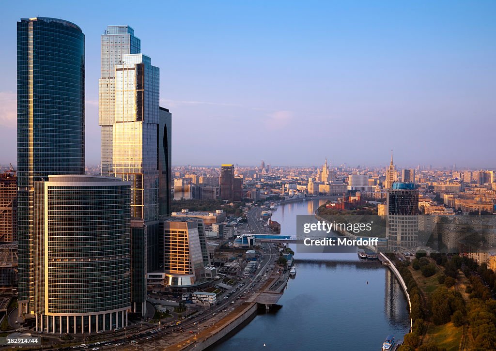 Moscow cityscape at sunset. Aerial view
