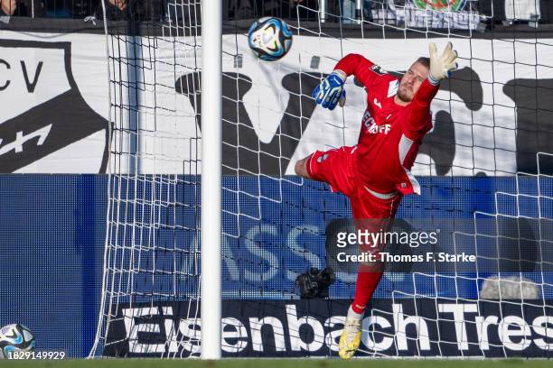 Luca Unbehaun of Verl catches the ball during the 3. Liga match between SC Verl and Dynamo Dresden at SPORTCLUB Arena on December 03, 2023 in Verl,...