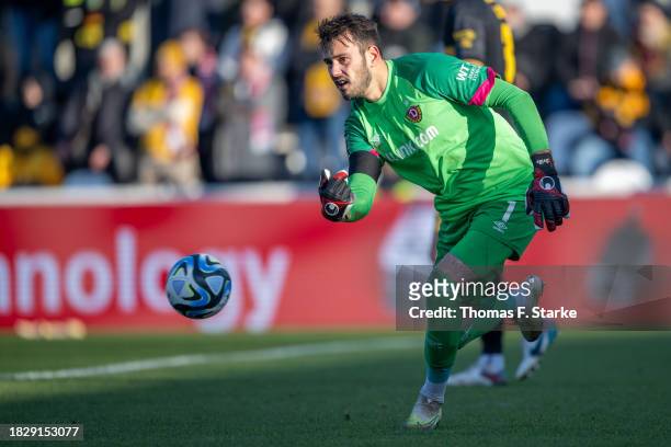 Stefan Drljaca of Dresden throws the ball during the 3. Liga match between SC Verl and Dynamo Dresden at SPORTCLUB Arena on December 03, 2023 in...