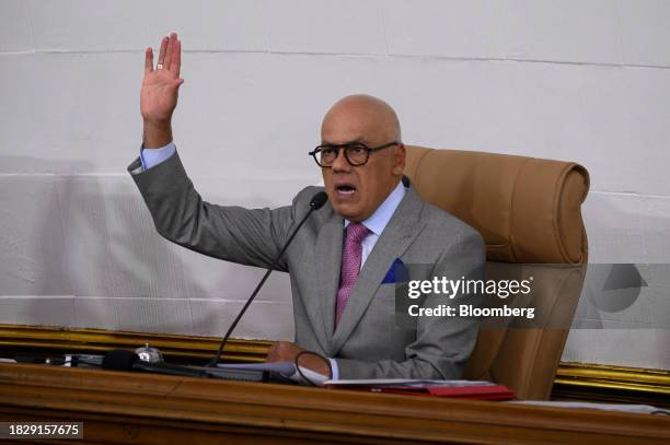 Jorge Rodriguez, president of the National Assembly, speaks during a session at the National Assembly in Caracas, Venezuela, on Wednesday, Dec. 6,...