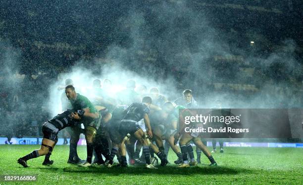 Steam rises off the pack of forwards during the Gallagher Premiership Rugby match between Leicester Tigers and Newcastle Falcons at the Mattioli...