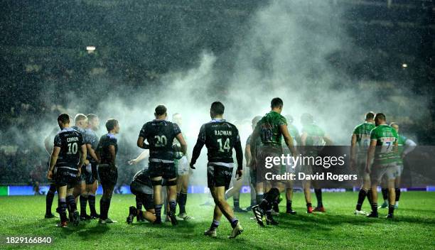 Steam rises off the off the players during the Gallagher Premiership Rugby match between Leicester Tigers and Newcastle Falcons at the Mattioli Woods...