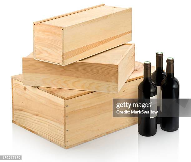 three sizes of wine boxes and accompanying wine - wine crate stock pictures, royalty-free photos & images