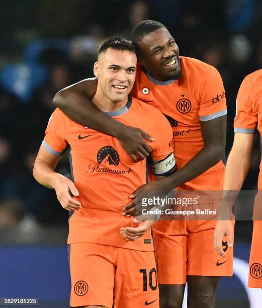 Marcus Thuram of FC Internazionale celebrates with his teammate Lautaro Martinez after scoring goal 0-3 during the Serie A TIM match between SSC...