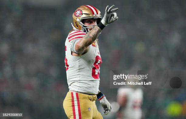 George Kittle of the San Francisco 49ers reacts after a catch during the second quarter in the game against the Philadelphia Eagles at Lincoln...