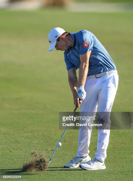 Matthew Fitzpatrick of England plays his second shot on the 15th hole during the final round of the Hero World Challenge at Albany Golf Course on...