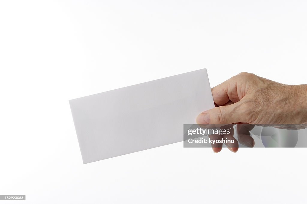 Isolated shot of holding a blank envelope against white background