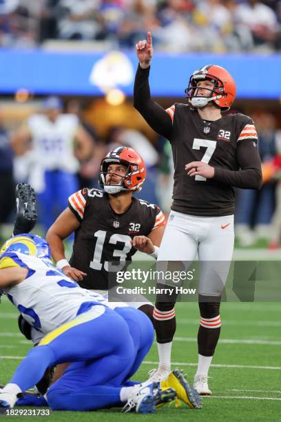 Dustin Hopkins of the Cleveland Browns celebrates after kicking a field goal in the second quarter against the Los Angeles Rams at SoFi Stadium on...