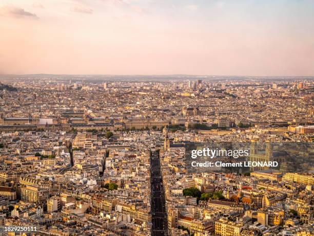 cityscape of paris in the axis of the rue de rennes at sunset, seen from above, paris, ile-de-france (ile de france), central france. - tour montparnasse stock pictures, royalty-free photos & images