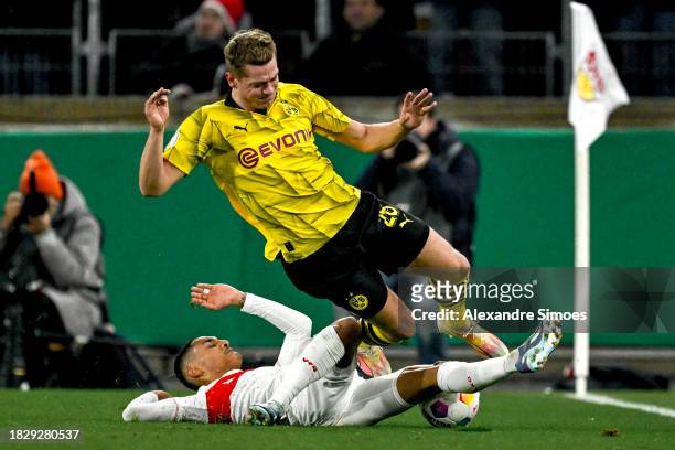 Julian Ryerson of Borussia Dortmund in action during the DFB cup round of 16 soccer match between VfB Stuttgart and Borussia Dortmund at MHPArena on...