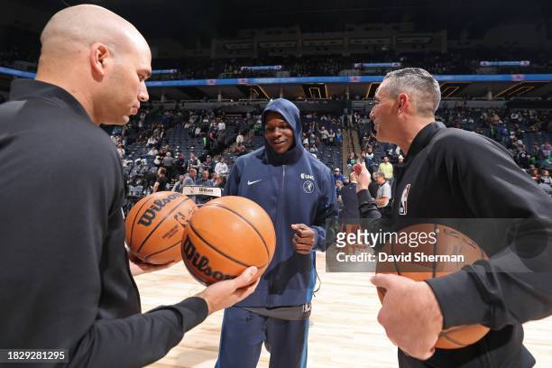 Anthony Edwards of the Minnesota Timberwolves smiles before the game against the San Antonio Spurs on December 6, 2023 at Target Center in...