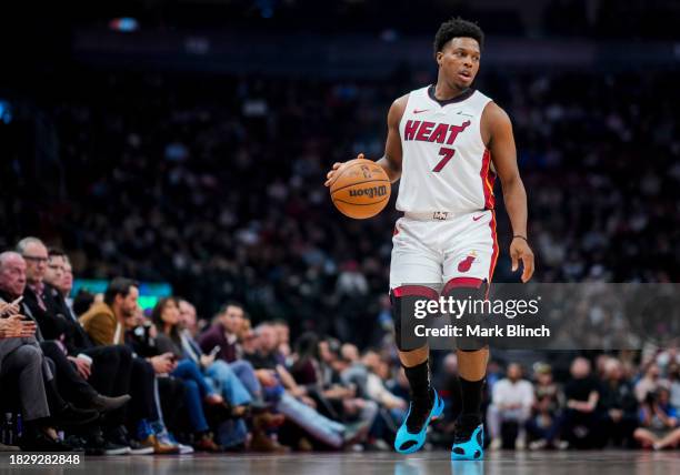 Kyle Lowry of the Miami Heat dribbles against the Toronto Raptors during the first half of their basketball game at the Scotiabank Arena on December...