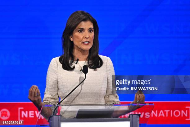 Former Governor from South Carolina and UN ambassador Nikki Haley gestures as she speaks during the fourth Republican presidential primary debate at...