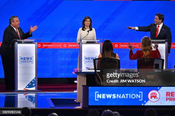Former Governor from South Carolina and UN ambassador Nikki Haley looks on as Florida Governor Ron DeSantis and former Governor of New Jersey Chris...