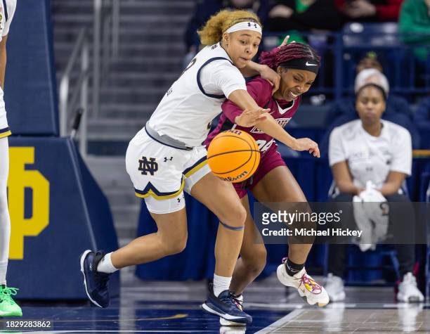 Hannah Hidalgo of the Notre Dame Fighting Irish battles for the ball against Sauda Ntaconayigize of the Lafayette Leopards during the second half at...