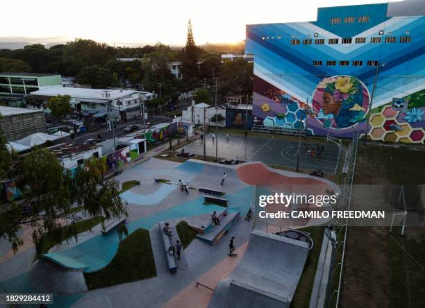 Aerial view of a skatepark in the Zacamil neighborhood of San Salvador, taken on December 2, 2023. Under a state of emergency passed by Congress in...
