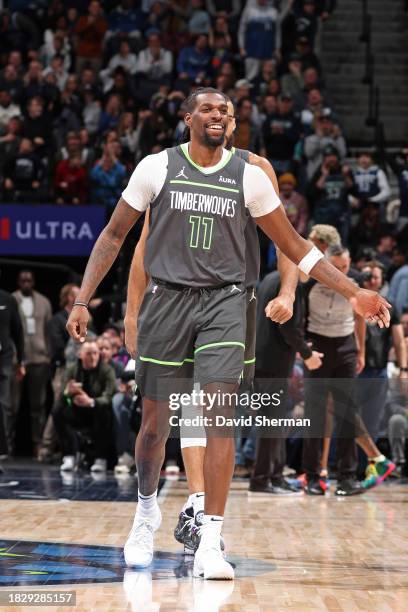 Naz Reid of the Minnesota Timberwolves smiles during the game against the San Antonio Spurs on December 6, 2023 at Target Center in Minneapolis,...