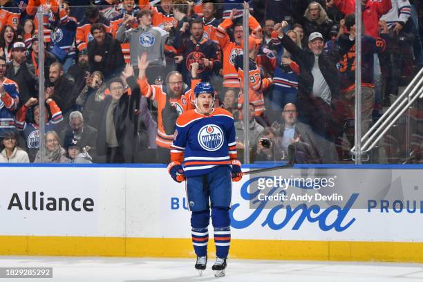 Zach Hyman of the Edmonton Oilers celebrates after his second goal of the first period against the Carolina Hurricanes at Rogers Place on December 6...