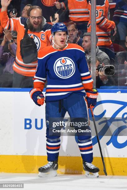 Zach Hyman of the Edmonton Oilers celebrates after his second goal of the first period against the Carolina Hurricanes at Rogers Place on December 6...