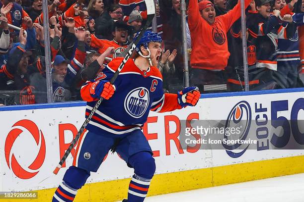 Edmonton Oilers Center Connor McDavid celebrates a goal in the first period of the Edmonton Oilers game versus the Carolina Hurricanes on December 6,...