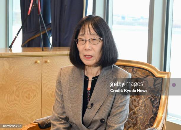 Judge Tomoko Akane of the International Criminal Court speaks to the press in New York on Dec. 6, 2023.