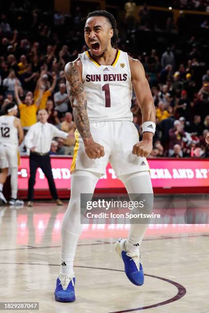 Arizona State Sun Devils guard Frankie Collins reacts after a big play during the college basketball game between the Southern Methodist Mustangs and...