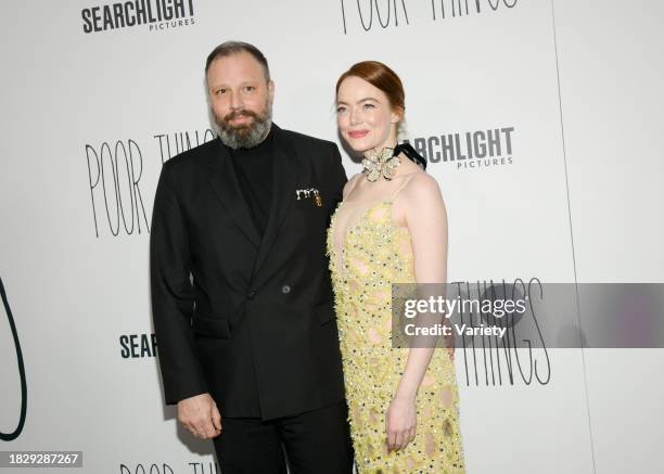Yorgos Lanthimos and Emma Stone at the New York premiere of "Poor Things" held at DGA New York Theater on December 6, 2023 in New York City.
