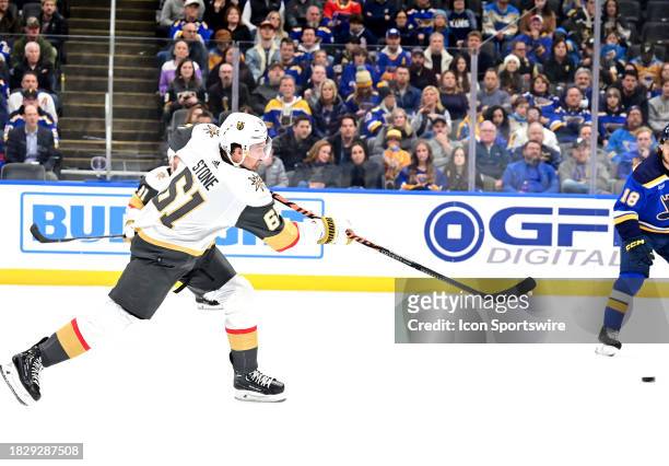 Las Vegas Golden Knights right wing Mark Stone takes a shot on goal during a NHL game between the Las Vegas Golden Knights and the St. Louis Blues on...
