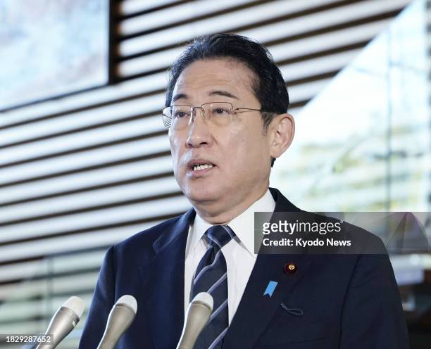Japanese Prime Minister Fumio Kishida speaks to reporters at the premier's office in Tokyo on Dec. 7, 2023.
