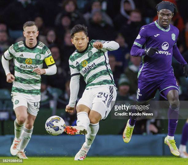 Celtic's Tomoki Iwata is seen in action during a Scottish Premiership football match against Hibernian in Glasgow, Scotland, on Dec. 6, 2023.